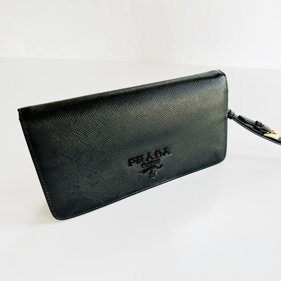 Prada Handbags - PRADA SAFFIANO - Black leather wristlet / gold chain crossbody